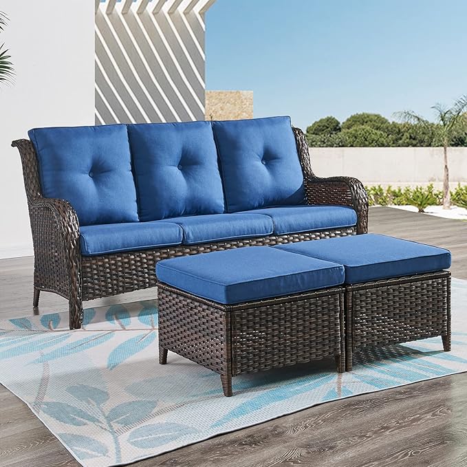 Rilyson 3 Piece Wicker Patio Furniture Set - Outdoor Rattan Patio Comversation Set with 1 Sofa and 2 Ottomans for Outside Porch Deck Garden(Brown/Blue)