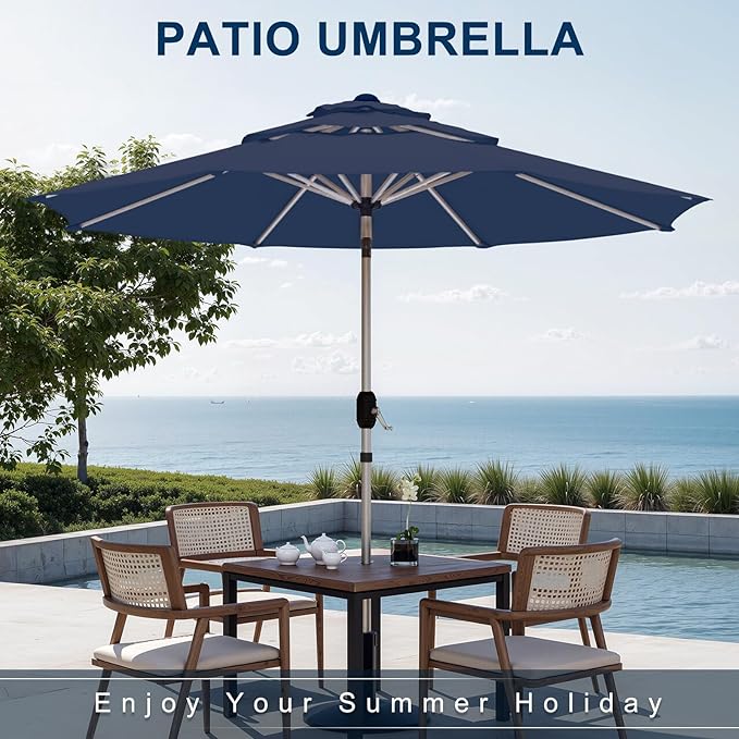 9FT 3-Tier Aluminum Outdoor Patio Umbrella, Fade-Resistant Market Umbrella with Push Button Tilt Function, 8 Sturdy All-Aluminum Ribs for Gardens, Patios, Backyards & Pools