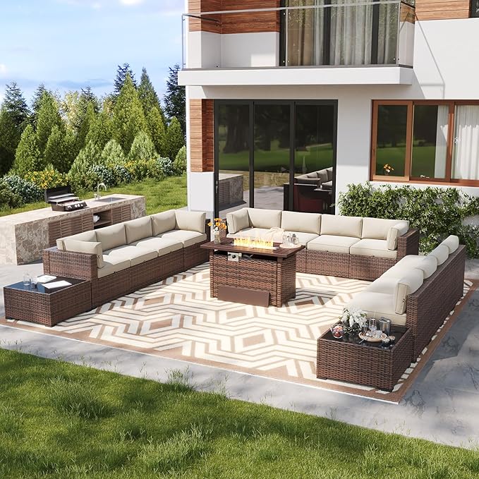 LazySunsets 15 Piece Outdoor Patio Furniture Set with 44'' Fire Pit Table, Outdoor Patio Furniture Set with Waterproof Cover, Wicker Rattan Outdoor Conversation Set for Backyard & Garden, Beige