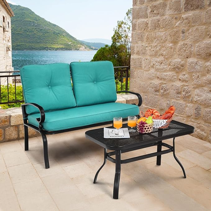 Tangkula Patio Loveseat with Table Set, 2 Seat Cushioned Sofa with Coffee Table, Patio Conversation Sofa Set with Rustproof Frame, 2 Pieces Outdoor Furniture Set for Garden, Poolside (Turquoise)