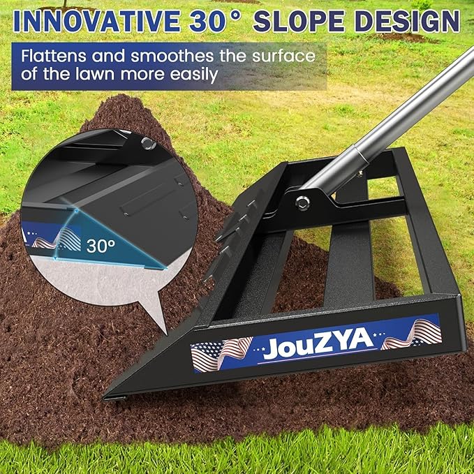 JouZYA Lawn Leveling Rake 30"x10", Lawn Leveler with Stainless Steel, Yard Leveling Rake Stainless Steel with 27-80" Adjustable Handle, Heavy-Duty Ground Leveler Suit for Garden, Golf Lawn, Farm