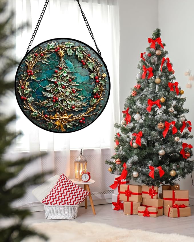 DASTOLL Stained Glass Window Hangings - Red Gold Green Wreath Suncatcher for Door Home Christmas Tree Decoration Sun Catcher Thanksgiving New Year Birthday Gift for Women Men Mom Grandma 6.3 in