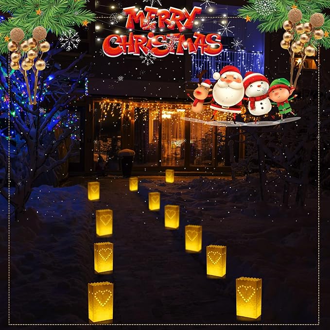 Sabary 50 Sets Luminary Bags with Flameless Tea Lights Outdoor Luminaries LED Lantern Candle Bags for Wedding Birthday Ramadan Christmas Party Decorations Romantic Decor(Heart)