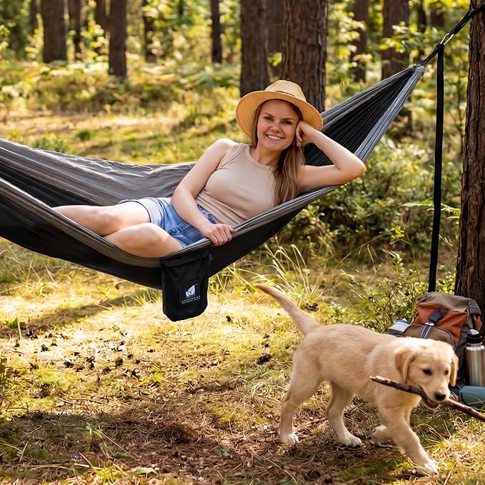 SUNCREAT Camping Hammock – up to 450lbs Portable Hammock with Tree Straps - Travel, Backpacking, Hiking, Black