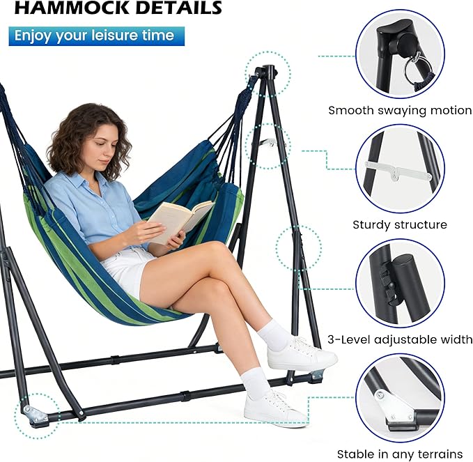 SogesHome 2-in-1 Convertible Hammock Chairs with Stand, 440LBS Capacity, Large Canvas Outdoor Two People Swing Bed, Foldable Portable for Backyard Patio Garden Camping Travel, Blue Green Striped