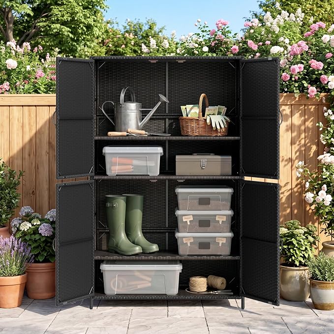 Tangkula Rattan Outdoor Storage Cabinet, Patiojoy Outdoor Cabinet with 2 Adjustable Shelves, 4 Doors, Patio Storage Deck Box Table for Patio Garden Poolside