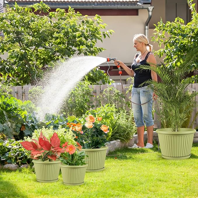 10-inch-Planters-for-Outdoor-Plant，Plastic Indoor Flower Pots with Drainage Holes & Saucer，4 Packs Decorative Garden Pots for Plant for Home Porch Decor