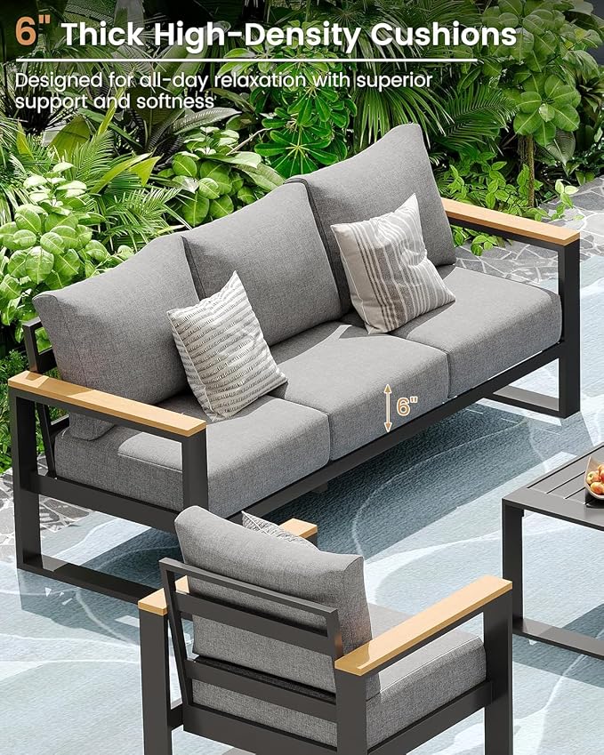 Aluminum Patio Furniture Set, 5 Piece Metal Outdoor Furniture Set with 6″ Thick Washable Cushions & Coffee Table, All Weather Patio Conversation Sets for Yard, Poolside, Garden (Grey)