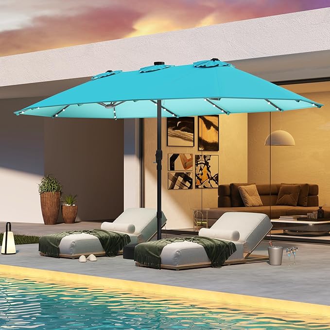 Tangkula 15FT Double-Sided Solar Patio Umbrella, Extra-Large Outdoor Twin Umbrella with 48 LED Lights, Vented Top, Crank Handle, 12 Ribs, Weighted Base Included for Backyard Poolside Deck (Turquoise)