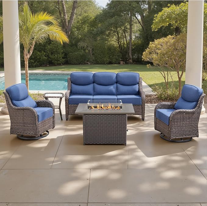 Belord Luxury 6" Thick Cushioned 5 Pieces Patio Furniture Set with Fire Pit Table, Wicker Outdoor Conversation Set with High Back Swivel Rocker Chairs for Deck Porch Yard and Poolside - Brown+Blue