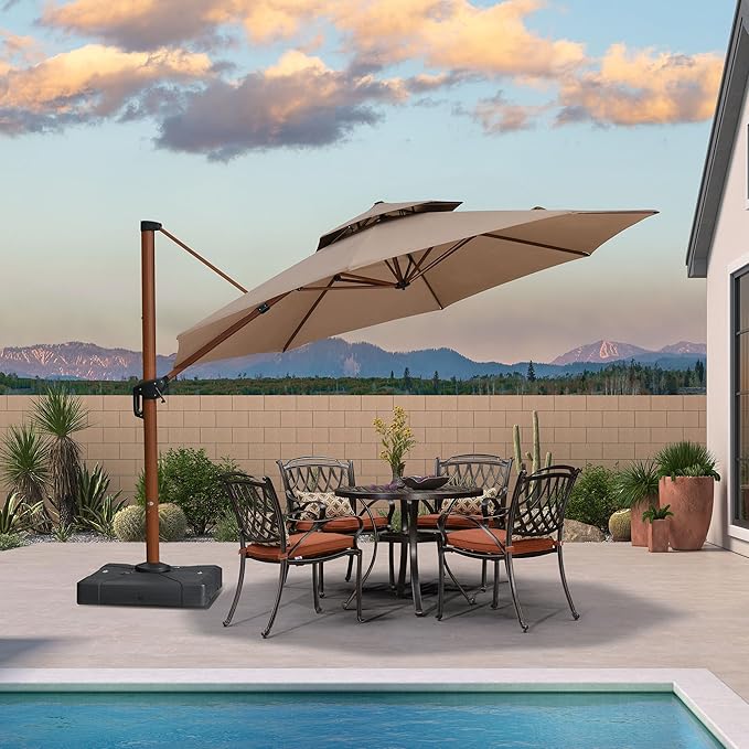 PURPLE LEAF 13ft Patio Umbrella Cantilever Umbrellas Outdoor Round Wood Umbrella Offset Umbrellas Heavy Duty Sun for Garden Deck Pool, Spectrum Sand