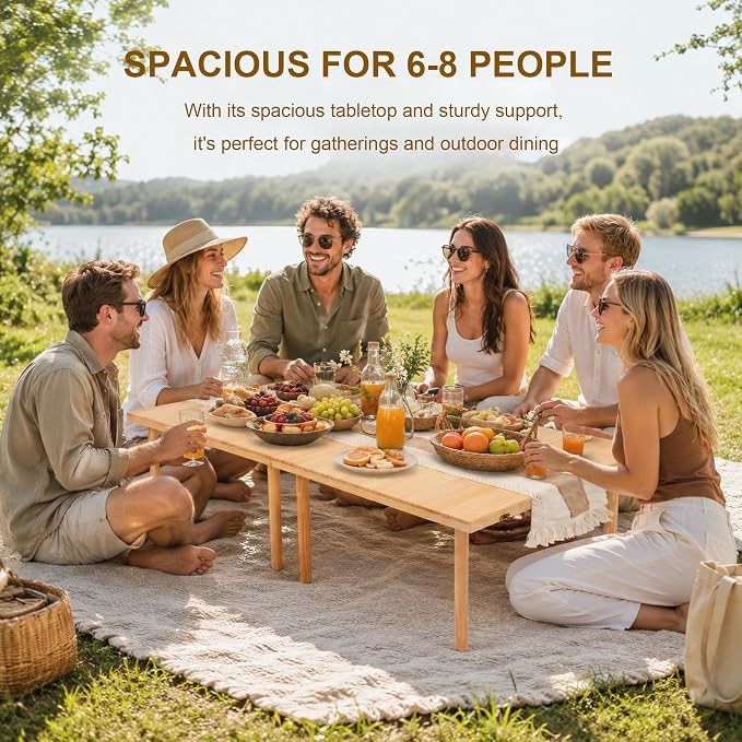 Wooden Folding Picnic Table - 60" x 30" Boho Low Picnic Table with Table Runner, Foldable Table for Indoor Outdoor Camping, Wedding, Beach, Garden, Party