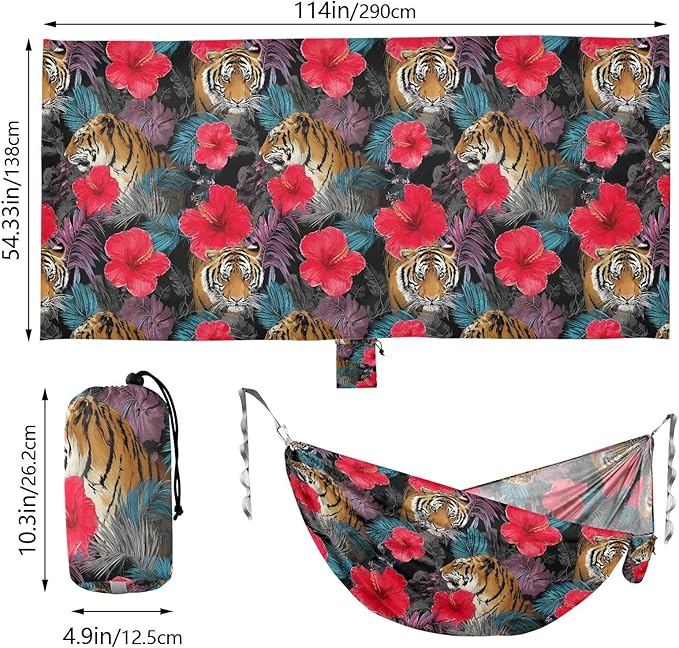 Camping Hammock Outdoor Hammocks for Outside Tiger Hibiscus Flower Beach Trees Portable Lightweight with Pockets Tree Straps Indoor