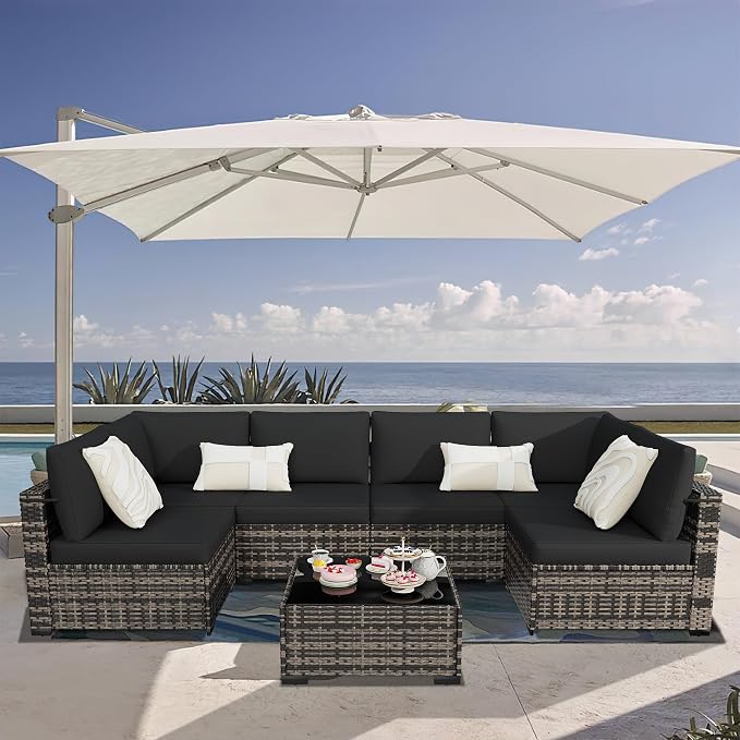 KIGOTY 7-Piece Patio Furniture Set, All-Weather PE Rattan Outdoor Sectional Sofa, Modular Wicker Conversation Set with Thick Cushions & Easy-Clean Coffee Table（Beige Black/Black）