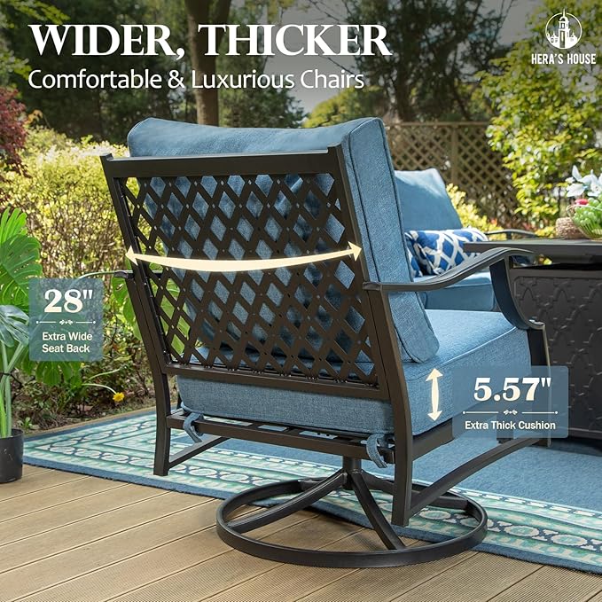 HERA'S HOUSE 5 Piece Patio Furniture Set, 2 x Swivel Chair, 2 x Ottoman, 1 x 3-Seat Sofa, All Cushioned 7 Seats Metal Outdoor Conversation Set for Lawn Garden Backyard