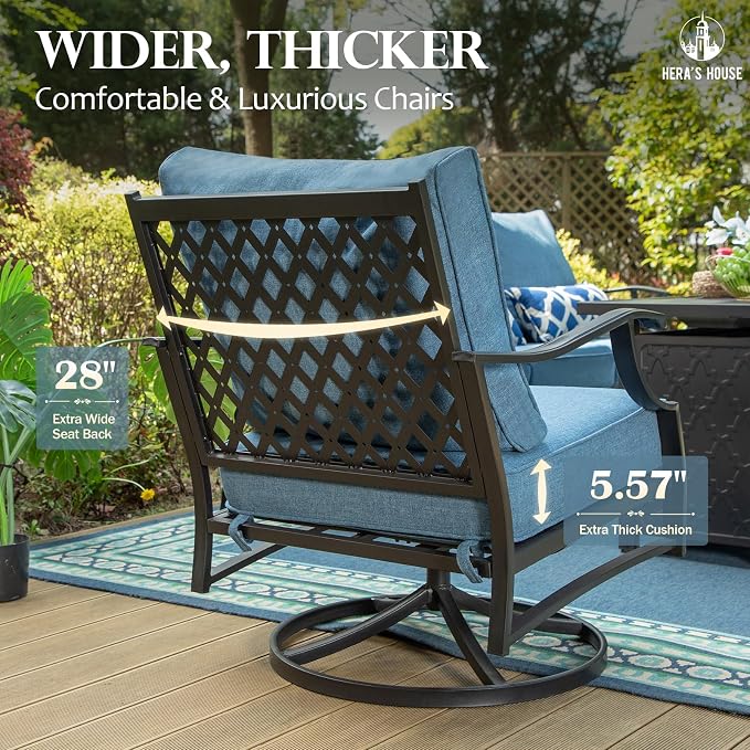 HERA'S HOUSE 6 Piece Patio Furniture Set, 2 x Swivel Chair, 2 x Fixed Chair, 1 x 3-Seat Sofa with Marbling Coffee Table, All Weather Outdoor Conversation Set for Lawn Garden Backyard, Navy Blue