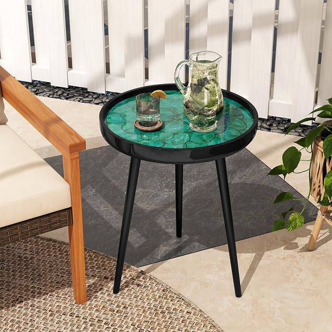 Giantex Outdoor Side Table, Round End Table with Epoxy Resin Finish, Sea Shell Decoration, Mahogany Wood Frame, Tray Top, Patio Side Table for Living Room, Pool, Yard, Porch (Green, 16” x 16” x 19.5”)