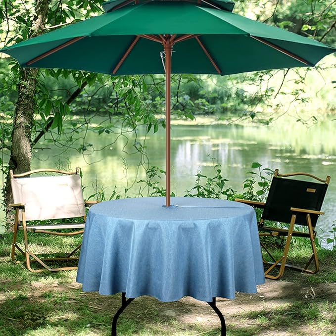Outdoor Tablecloth Wrinkle-Free Stain Resistant Waterproof Polyester Fabric Table Cover with Zipper Umbrella Hole for Picnic/Party/Dinner/Patio Garden(70inch Round,Zippered,Water Blue)