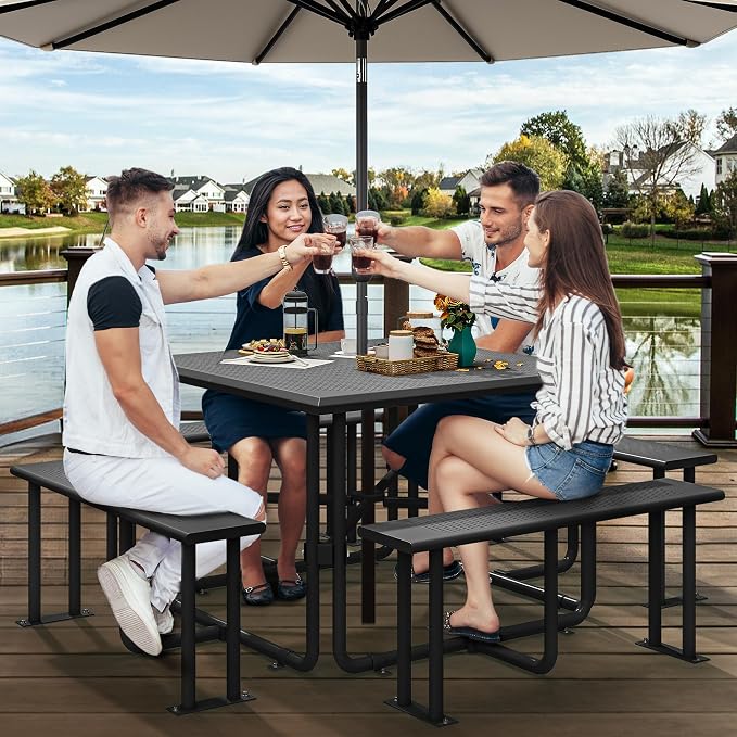 YITAHOME 37in icnic Table with Umbrella Hole, Outdoor Heavy-Duty Portable Picnic Table, Coated Steel Commercial Grade Table for a Lifetime