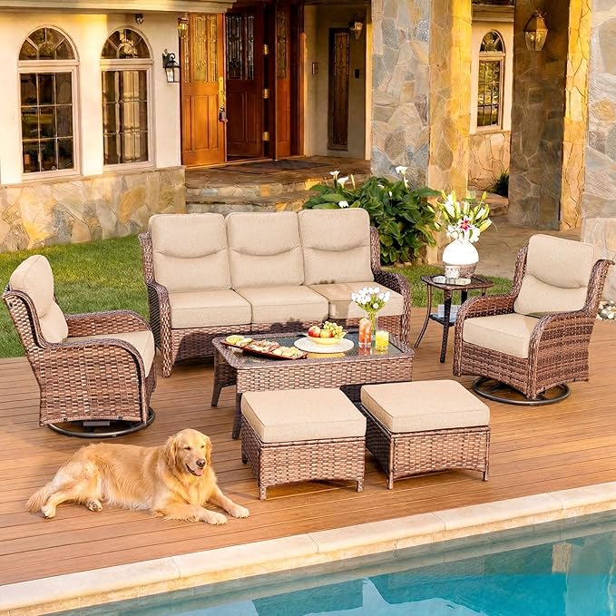 HILLGA Luxury Patio Furniture Set with 6-inch Thick Cushion, Outdoor Couch and High Back Swivel Rocker Patio Chairs, 7PCS Wicker Conversation Set for Deck Yard and Poolside, Beige (V2)