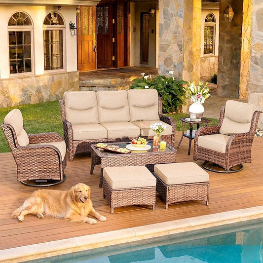 HILLGA Luxury Patio Furniture Set with 6-inch Thick Cushion, Outdoor Couch and High Back Swivel Rocker Patio Chairs, 7PCS Wicker Conversation Set for Deck Yard and Poolside, Beige (V2)