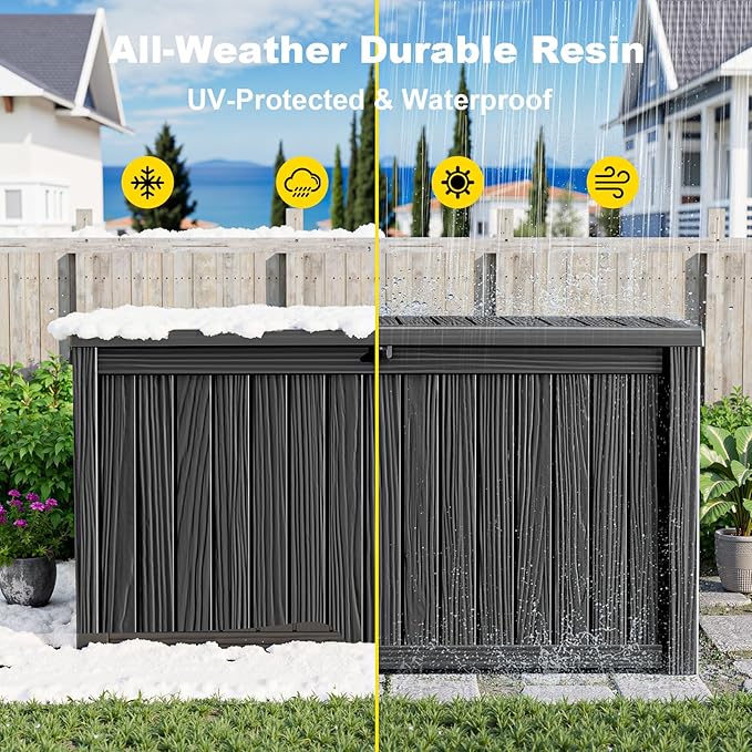 ROJIK 200 Gallon Deck Boxes Outdoor Waterproof, Weatherproof Outdoor Storage Boxes with Lockable Lid, Resin Large Storage Box for Patio Furniture Cushions, Garden Tools and Pool Floats (Black)