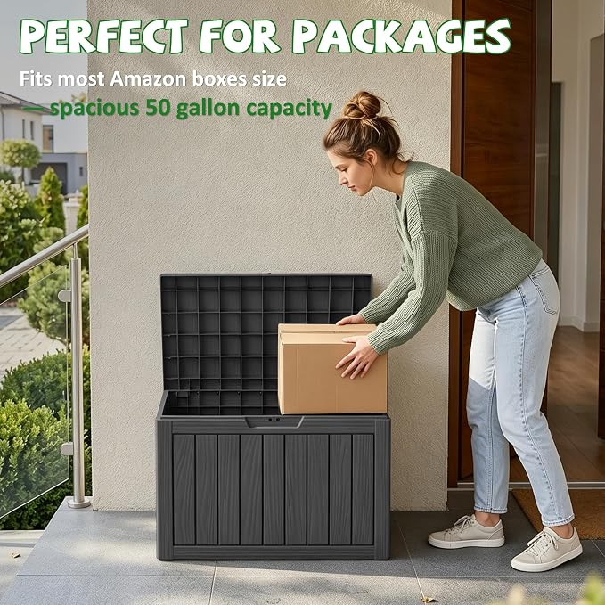 DRATO 50 Gallon Outdoor Storage Box Waterproof, Lockable Resin Deck Box for Patio Furniture, Pool Supplies & Garden Tools, Weatherproof Outside Storage Bin for Backyard Porch (Black, 50 Gallon)