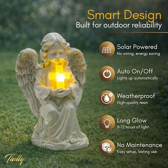 Solar Angel Garden Statue with Cross, 12" Memorial Cemetery Guardian Light | Bright all-night warm glow, true-to-size 12in, weatherproof resin built to last - not flimsy plastic; lights up every night