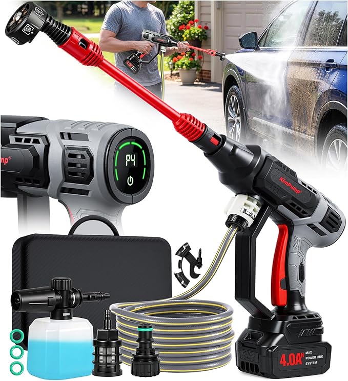 KimPump Cordless Car Washer with 6-in-1 Nozzle, Portable Vehicle Cleaning Tool with Copper Brushless Motor | LCD Touch Panel 4 Adjustable Levels | Weighted Filter | Spray Tool for Car, Garden, Home