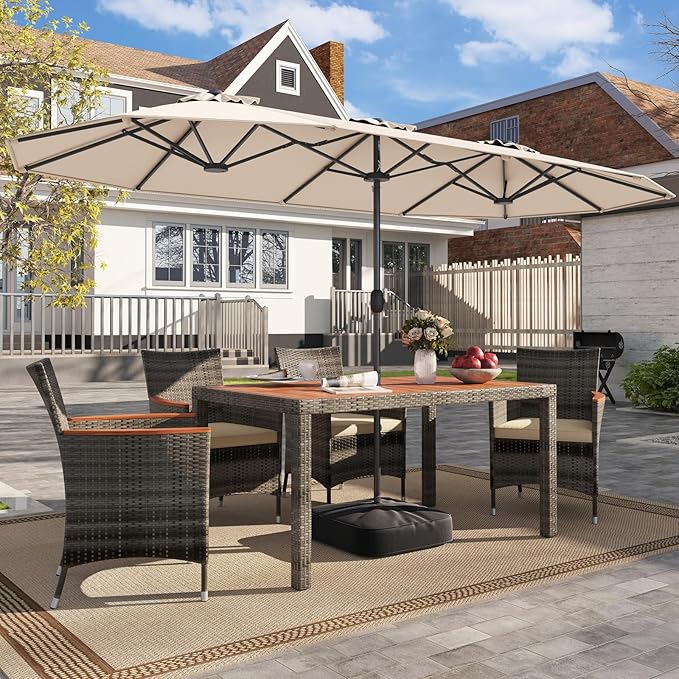 Tangkula 13FT Double-sided Patio Umbrella, Extra Large Twin Table Umbrella with Crank Handle, Umbrella Base, Safety Lock, Air Vent, Outdoor Market Umbrella for Garden Pool Backyard (Beige)
