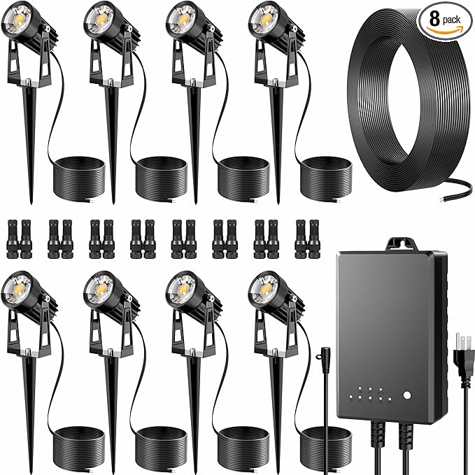 All-in-One Outdoor Low Voltage Landscape Lighting Kit, 8 Pack 3000K Landscape Spot Lights with 60W Transformer 65FT Wire, Waterproof Low Voltage Landscape Lights for Yard, Garden, Tree, Pathway, House