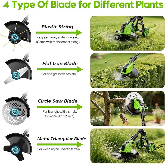 20000 RPM Electric Weed Eater Battery Powered 6000mAh, 12″ Brushless Electric Weed Wacker Cordless Wheeled Edger Trimmer, 4-in-1 Brush Cutter Heavy Duty/String Trimmer/Lawn Mower Edger, 2 Battery Tool