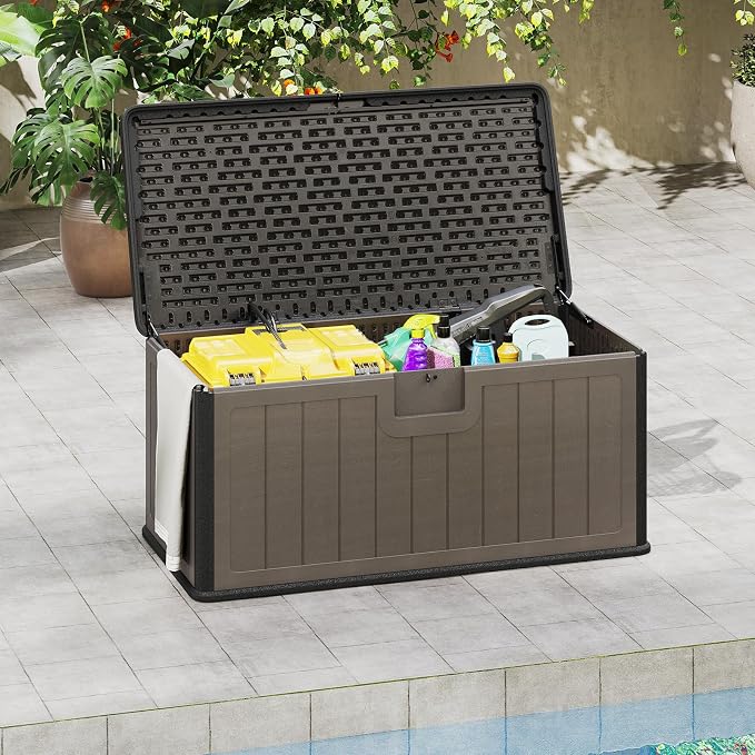 Giantex 100 Gallon Deck Box, Waterproof Resin Box with Lockable Lid, 440Lbs Outdoor HDPE Storage Container Bench for Patio Furniture Cushions, Pool Tools & Garden Accessories (Black+Brown)