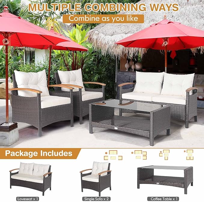 Tangkula 4 Piece Patio Rattan Conversation Set, Outdoor Wicker Sofa Set W/2-Layer Coffee Table, Backrest & Seat Cushions, Acacia Wood Curved Armrests, Suitable for Poolside, Backyard, Deck (1, White)