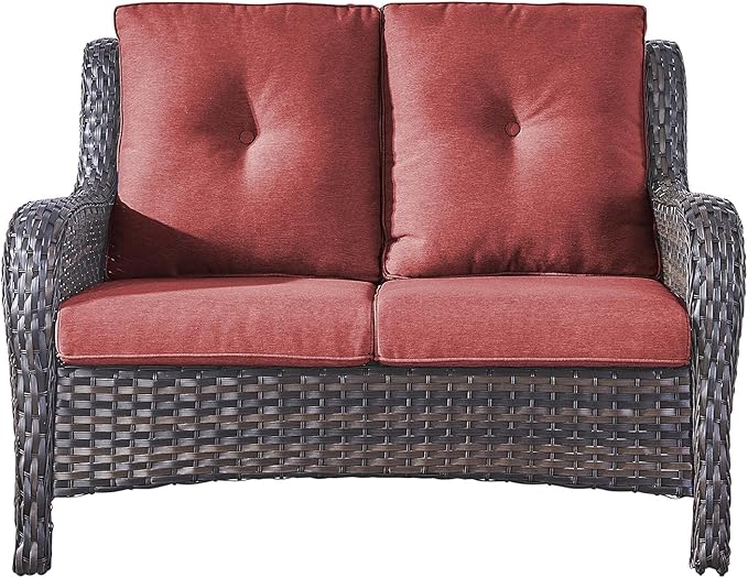 Rilyson Outdoor Loveseat Wicker Patio Sofa - 2 Seat Rattan Outdoor Couch Patio Furniture with Deep Seating and Comfortable Cushions for Outside Porch Deck Balcony(Brown/Red)