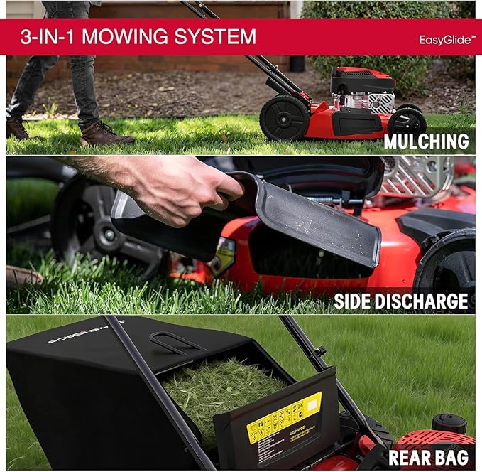 PowerSmart EasyGlide 21-inch 144cc Push Gas Lawn Mower, 3-in-1 Mulch/Bag/Side Discharge, Steel Deck, 6 Height Adjustment