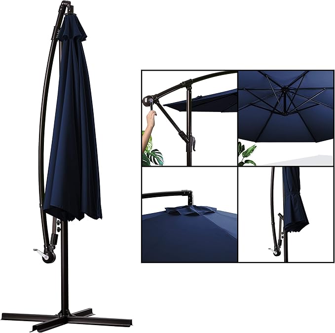 MEWAY 10ft Outdoor Umbrella Patio Offset Cantilever Umbrella, Hanging Umbrella with Crank & Cross Base, Market Umbrella UV Protection Waterproof for Deck Pool