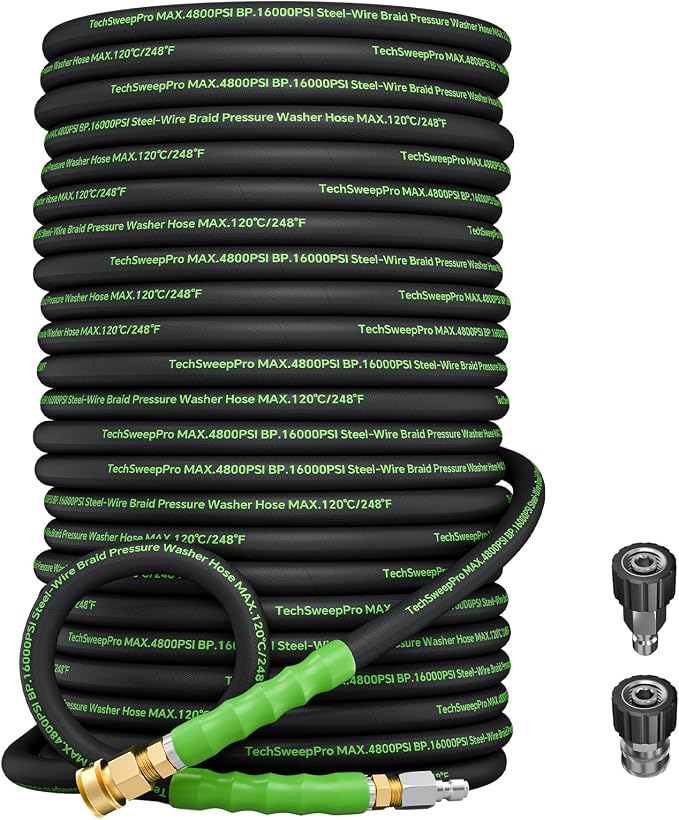 3/8" 4800PSI Pressure washer hose 100ft for cold and hot water Max 248°F with 3/8"quick connect Kink resistant Steel Wire Braided Power Washer Hose with M22 14mm Adapter,Green