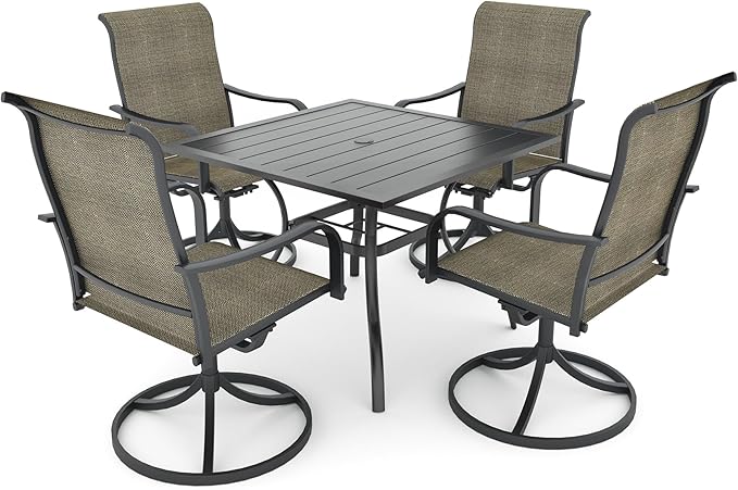 Anmutig 5-Piece Outdoor Dining Set, 35" Square Table with 4 Swivel Chairs, All Weather Frame Furniture Set, Tan Brown