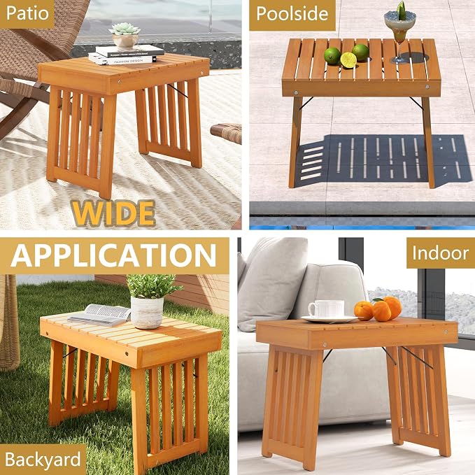 RELAX4LIFE Folding Outdoor Side Table - Acacia Wood Portable Patio End Table w/Slatted Tabletop, Outside Wooden Coffee Table for Backyard Balcony Porch Poolside Garden, Foldable Small Patio Table (1)
