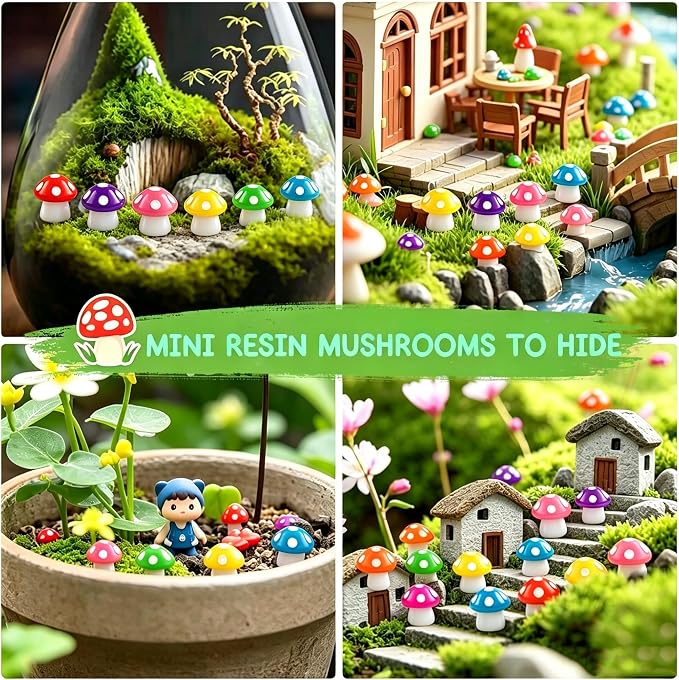 120pcs Mini Resin Mushroom 15 Colors Small Mushrooms Figures Tiny Resin Mushrooms Plastic Little Miniature Mushrooms for Micro Fairy Garden Landscape Aquarium Accessories Dollhouse Hide Crafts Decor