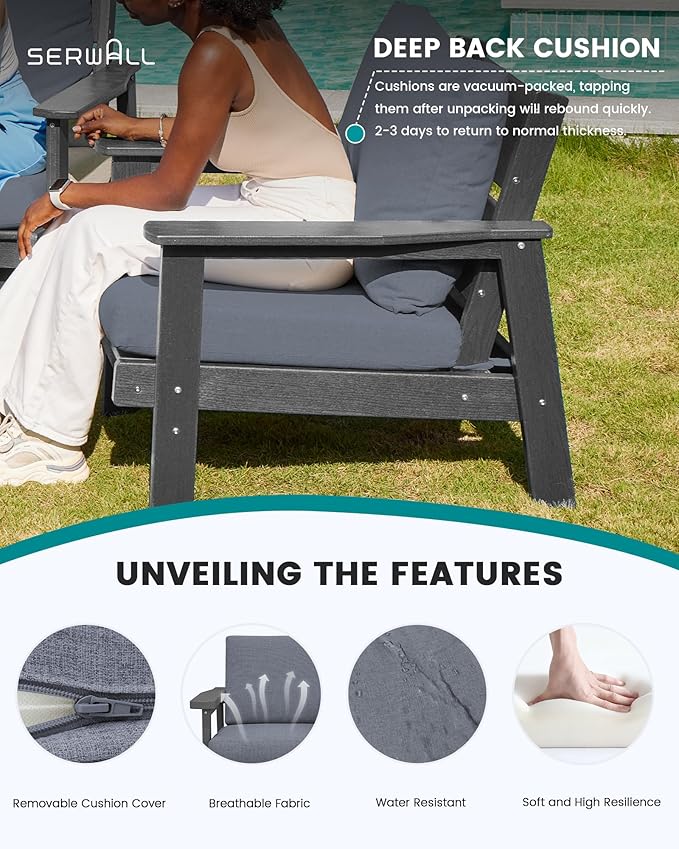 SERWALL HDPE Outdoor Furniture Set 4, All Weather Wood-Like Outdoor Sofa Sectional Couch, Grey Patio Furniture Set with Grey Cushions