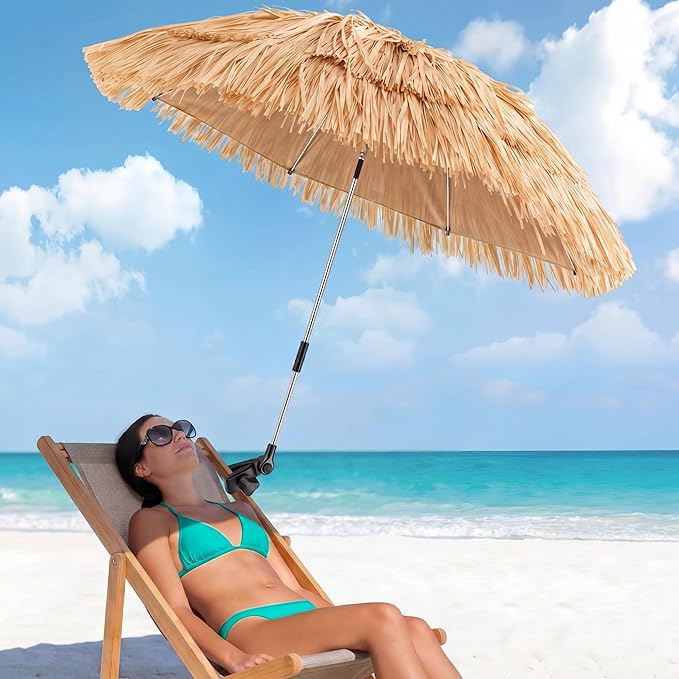 Aliceset 1 Pack Beach Chair Umbrella, 360° Adjustable Tiki Straw Clip on Umbrella, UV Protection, 52 Inch, 180° Swivel Hinge, 8 Ribs Sun Shade for Tropical Patio Camping Pool Fishing Sand Rv Travel