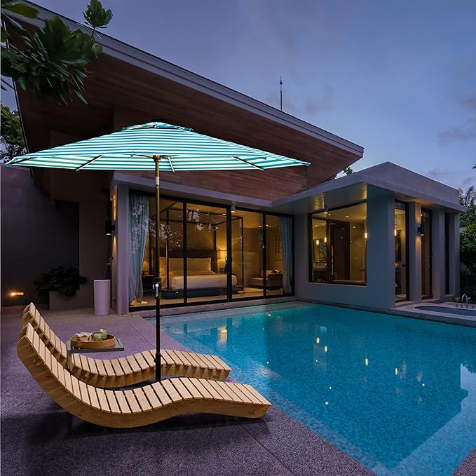 Midtown Umbrellas The LED Swilt 10 Feet Patio Umbrella With Terylast Cobalt Stripes (Blue/White) Polyester Fabric - Auto-Tilt Aluminum Frame w/LED Lights For Backyard, Deck, Garden, Pool - Black Pole
