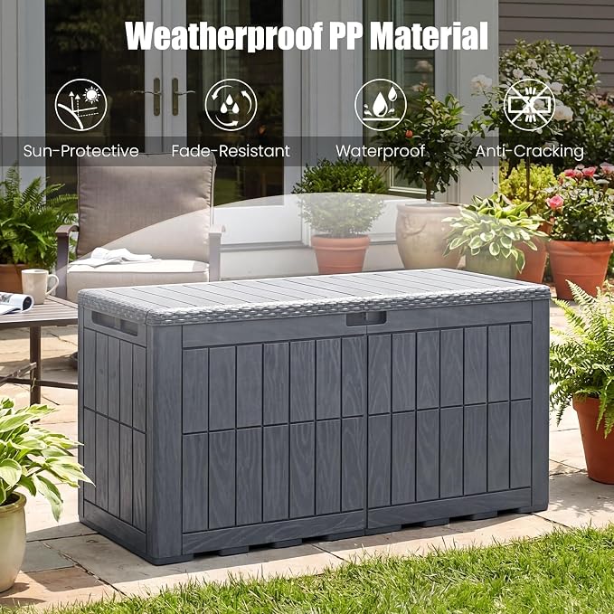 HAPPYGRILL 100 Gal Outdoor Deck Box, Lockable Storage Bin with Lid and Handles, Waterproof and Sun-Protective Patio Bench and Storage Box for Garden Tools Pool Supplies (Gray, 100Gallon)