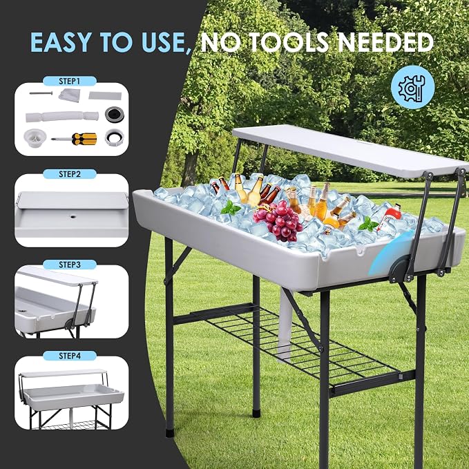 CDEN 4 ft ice Cooler Table, Outdoor Folding ice Table, Portable Cooler Table, ice Table, with Sink and Drain, with Removable Skirt (White)