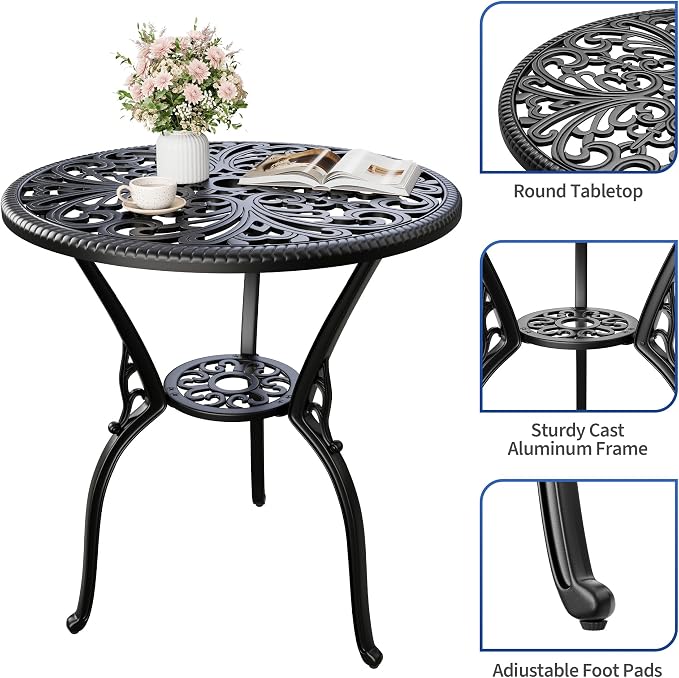 GAOMON 23" Cast Aluminum Patio Bistro Table with Umbrella Hole, Outdoor Round Coffee Bistro Side Table, Anti-Rust Outdoor Furniture for Backyard, Garden, Porch, Pool, Balcony, Black