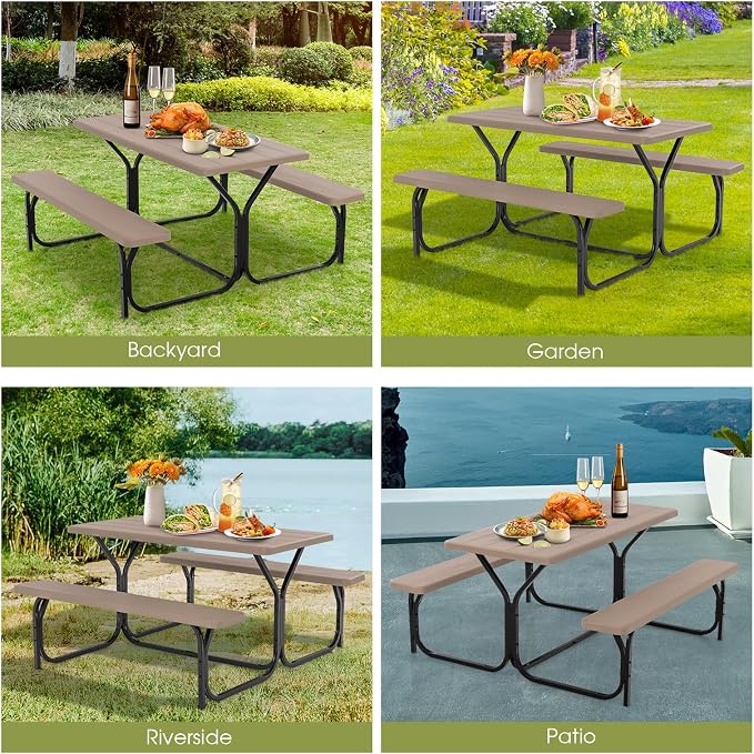 LDAILY Picnic Tables, Rectangular Picnic Table with Steel Frame, 2 Benches Set, HDPE Tabletop, Plastic Picnic Table for Outdoor, Camping, Patio, Lawn, Yard, Picnic Parties (Wood Color)