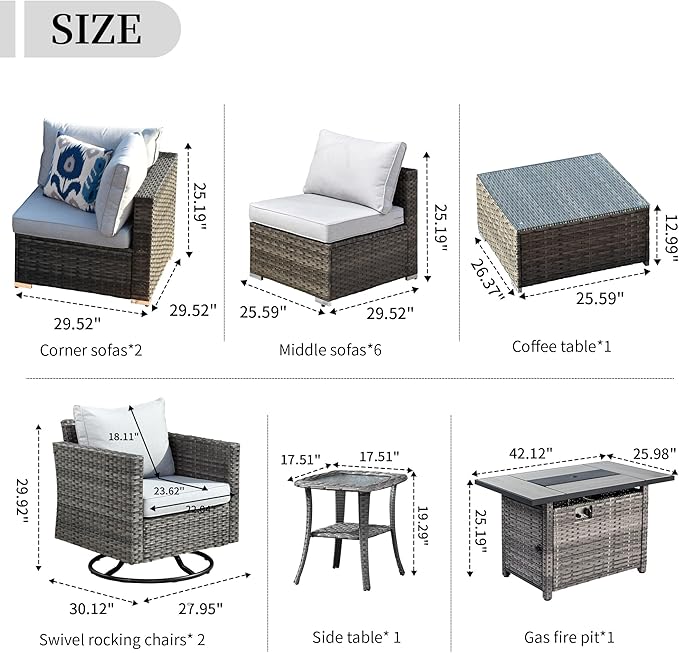 HOOOWOOO 13 Piece Patio Sectional Furniture Set with FirePit Table,Modern Wicker Outdoor Conversation Sofa Sets,All Weather Modular L Shaped Outside Couch Swivel Chair Set(Navy Blue)