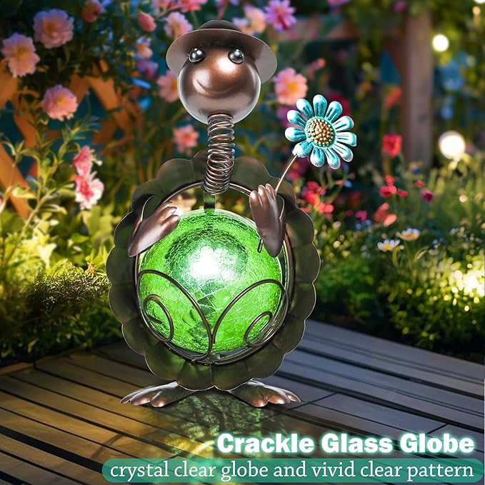 MUMTOP Turtle Garden Decor, Turtle Solar Lights Outdoor Decorative Waterproof with Crackle Glass Globe and Flower Yard Ornaments for Tabletop Outside Garden Lawn Outside Porch Home Decorations